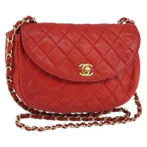 CHANEL Matelasse Chain Shoulder Bag Lamb Skin Red Gold CC Auth 149223